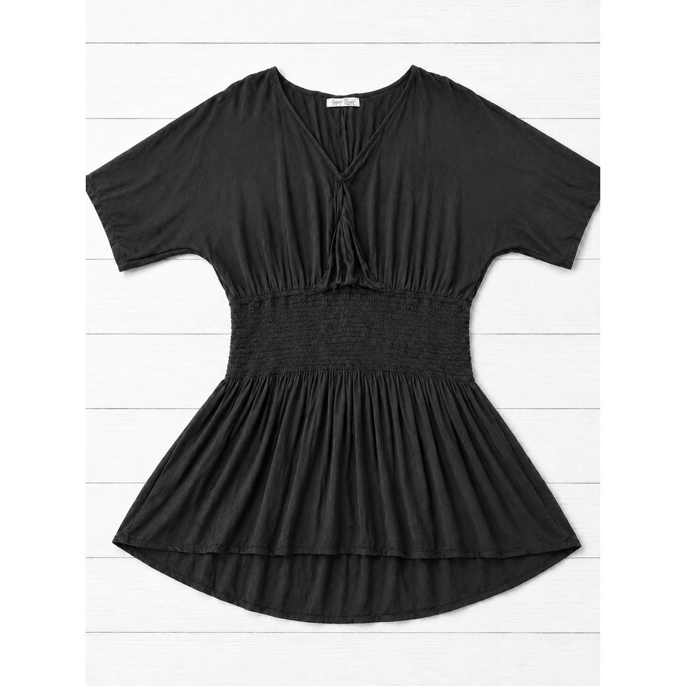 Boho Soul Black Rayon Peplum Dress V-Neck Smocked Waist Gypsy Witchy Dark Large